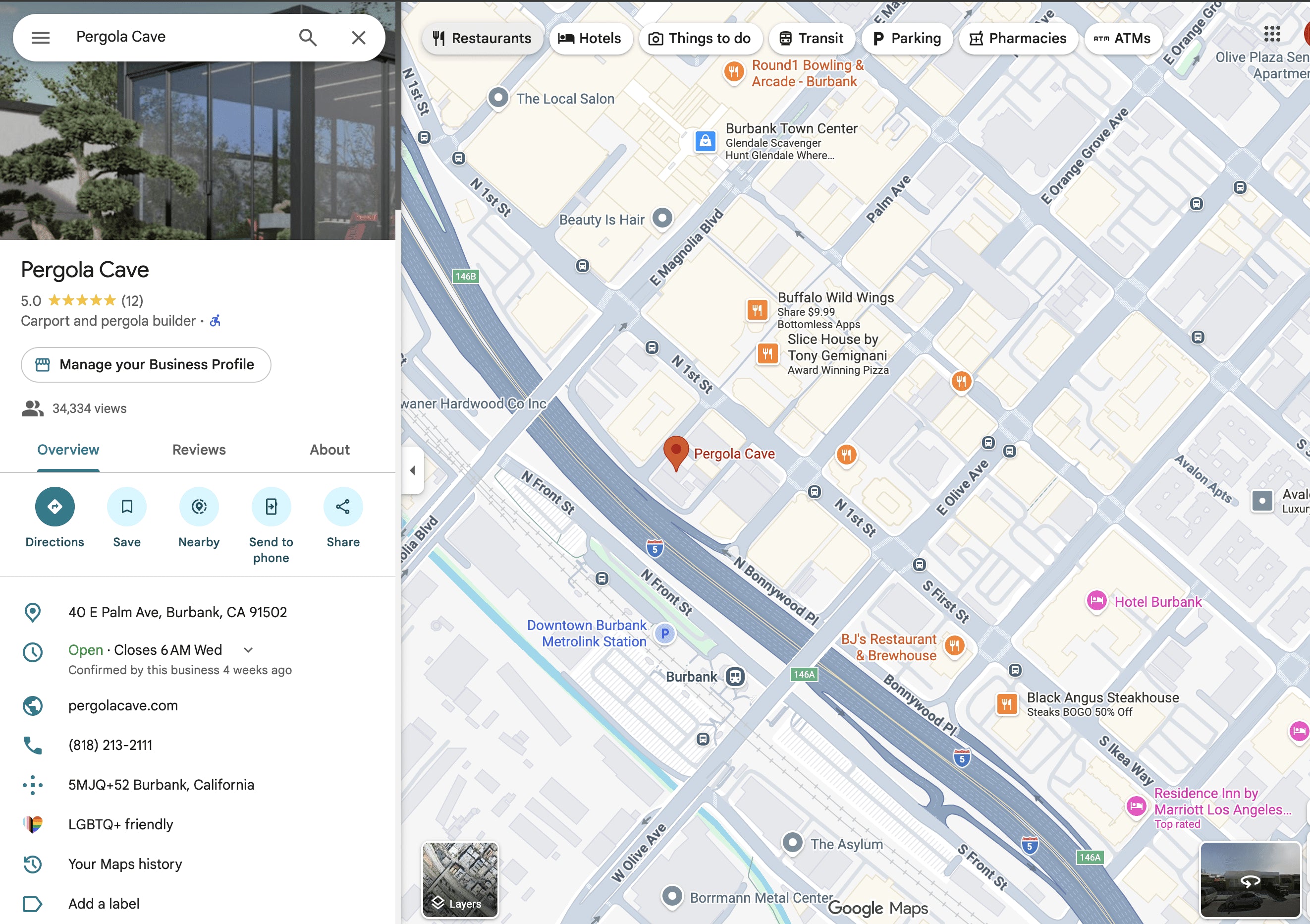 Map showing Pergola Cave at 40 E Palm Ave, Burbank, CA 91502