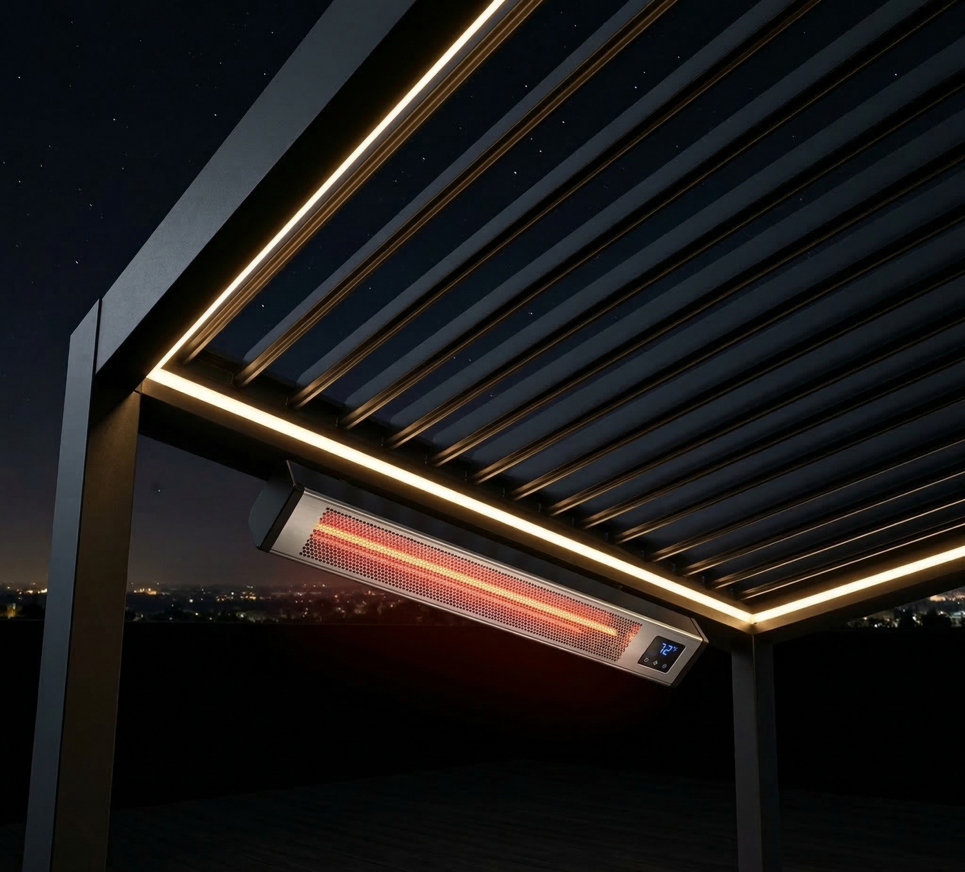 Infrared heater installed under pergola - night scene