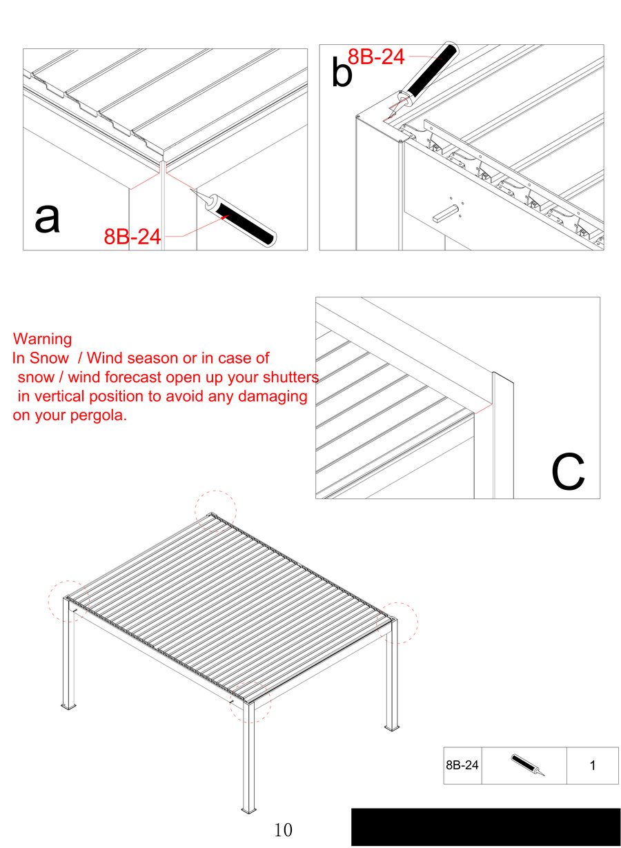 Final pergola assembly check — crank rod attached, louvers open