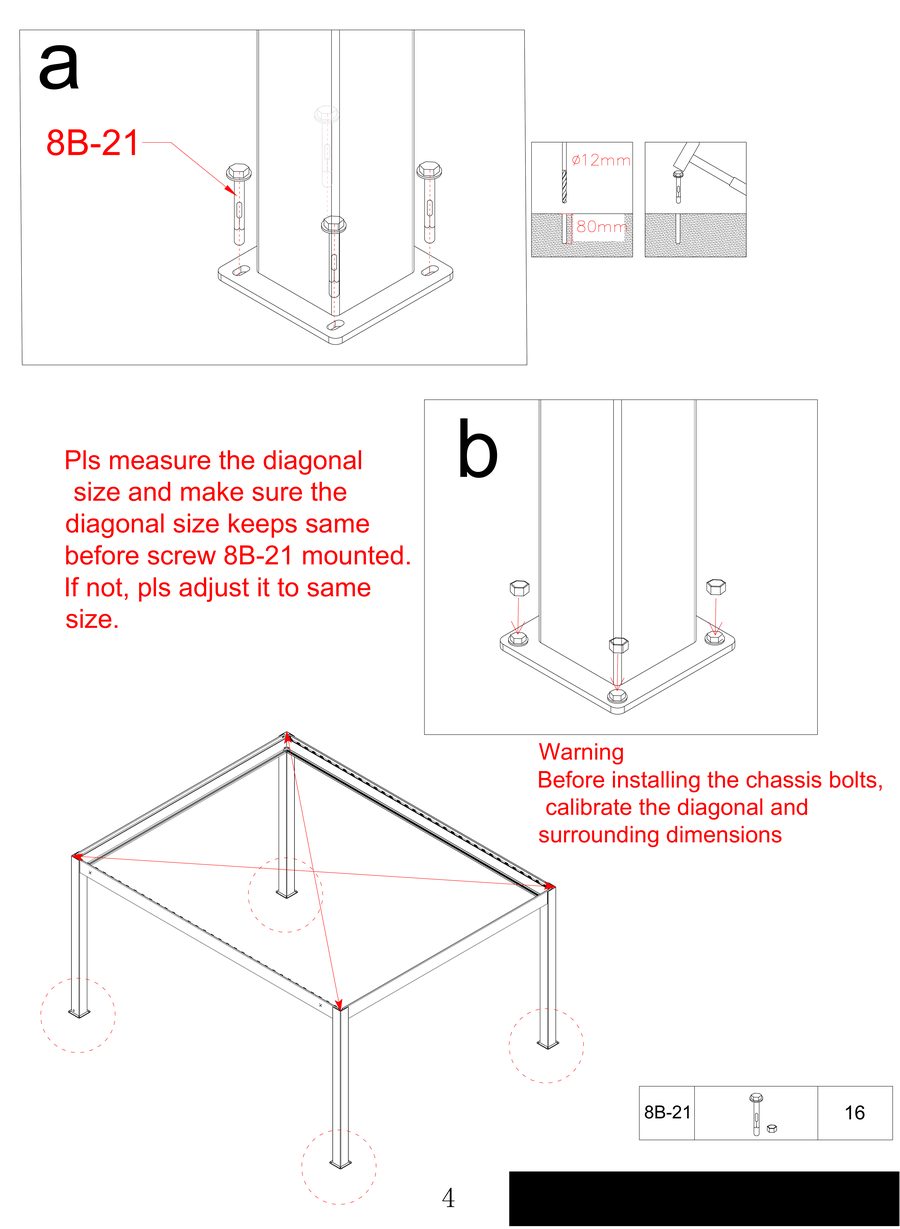 Anchoring pergola base plates to ground with wedge bolts, diagonal calibration